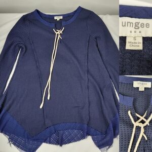 S UMGEE navy blue waffle weave handkerchief hem long sleeve tie tunic top SMALL